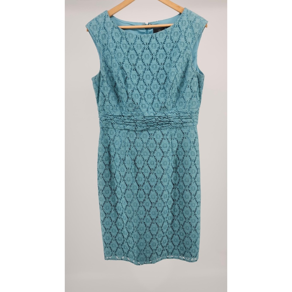 Adrianna Papell Blue Lace Ruched Waist Sheath Dress Size 12 Sleeveless Cocktail